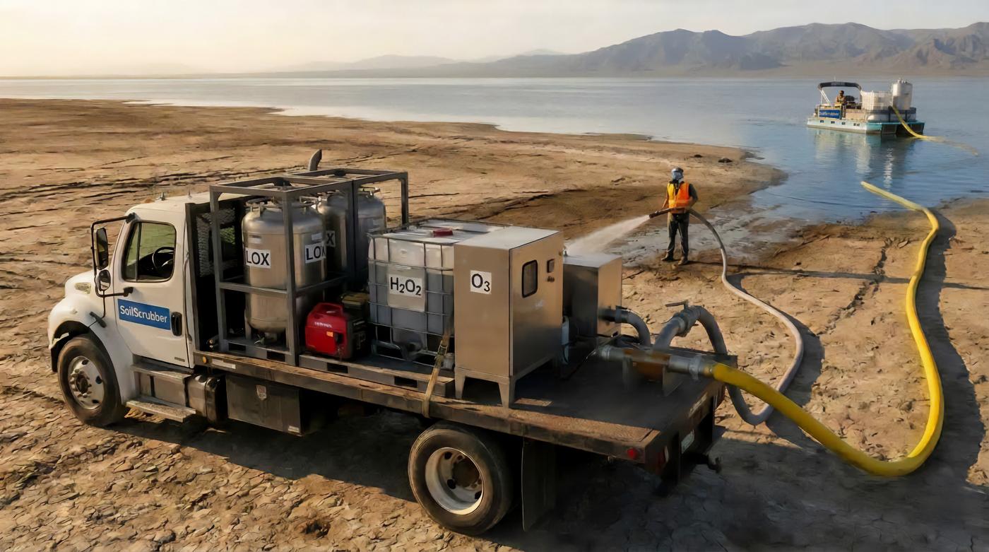 A SoilScrubber road rig on a dried lakebed, oxidant and gas tanks behind the cab and a delivery hose running down to the waterline